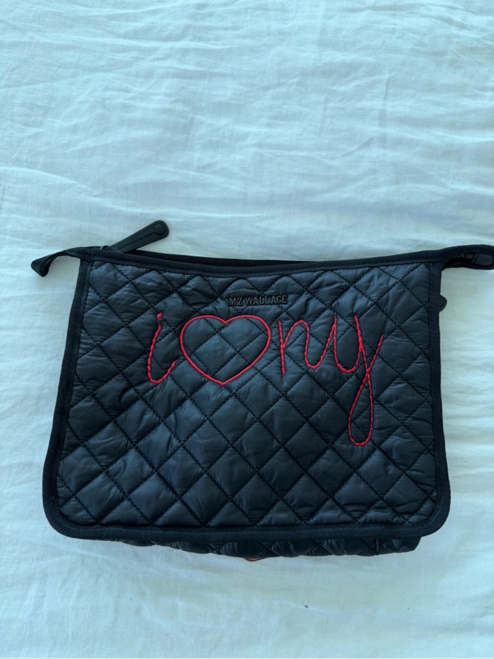 MZ Wallace Black Quilted Cosmetic Pouch with Red 'I ♥ NY' Embroidery